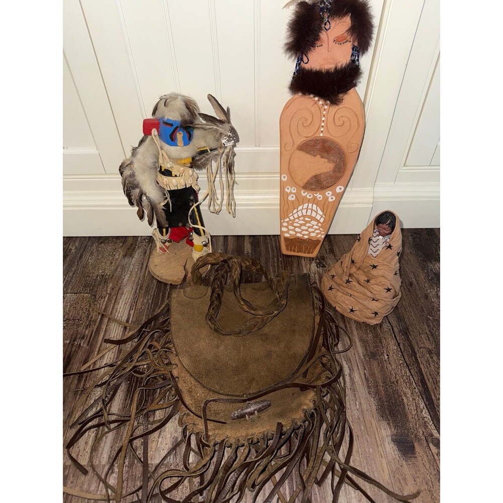 Vintage Southwestern Decor Bundle Leather Fringe Purse Kachina Clay Wall Art